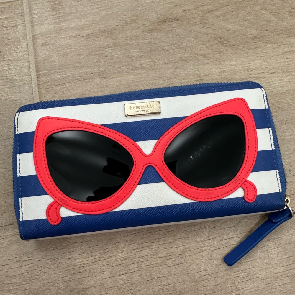 Kate Spade Blue and White Striped Wallet with Pink Sunglasses